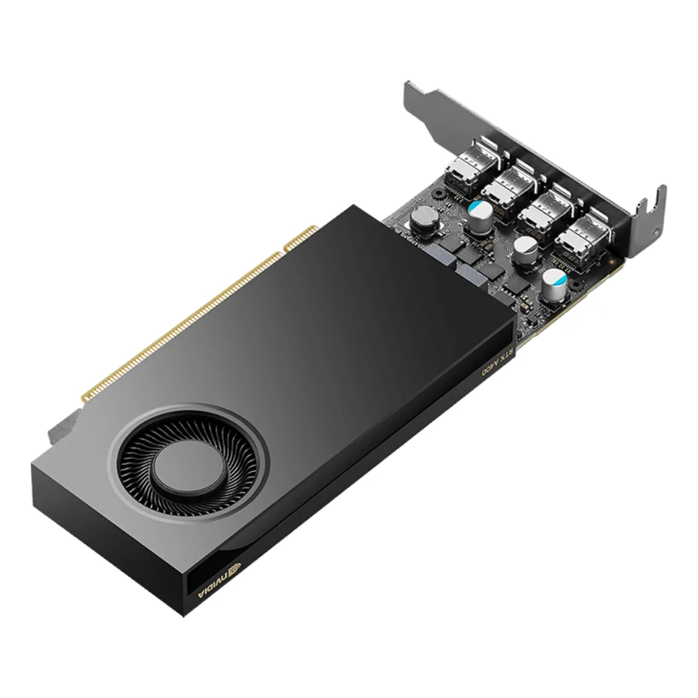 PNY NVIDIA RTX A400 4GB – Horný pohľad na grafickú kartu s ventilátorom typu blower a otvorenými výstupmi na PCB PNY NVIDIA RTX A400 4GB – Horný pohľad na grafickú kartu s ventilátorom typu blower a otvorenými výstupmi na PCB