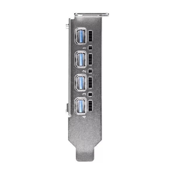 PNY NVIDIA RTX A400 4GB – Zadný panel s číslovanými Mini DisplayPort výstupmi a perforovaným plechovým krytom