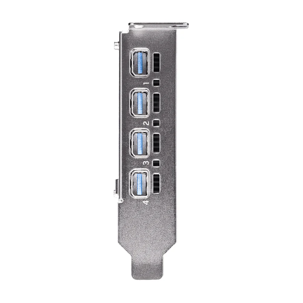 PNY NVIDIA RTX A400 4GB – Zadný panel s číslovanými Mini DisplayPort výstupmi a perforovaným plechovým krytom PNY NVIDIA RTX A400 4GB – Zadný panel s číslovanými Mini DisplayPort výstupmi a perforovaným plechovým krytom
