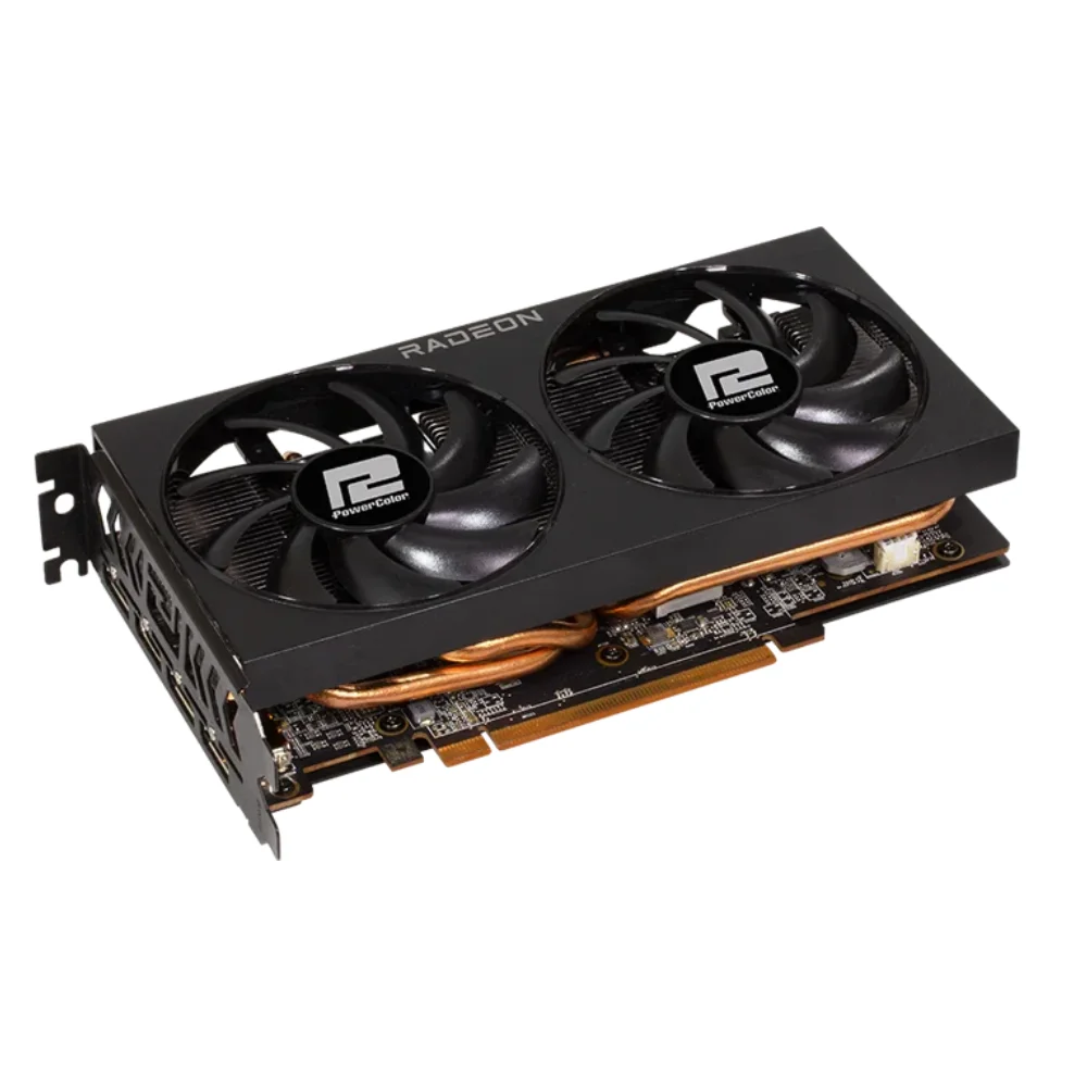 PowerColor Fighter AMD Radeon RX 7600 8GB GDDR6– Bočný pohľad na chladič s dvoma ventilátormi a odhaleným PCB PowerColor Fighter AMD Radeon RX 7600 8GB GDDR6– Bočný pohľad na chladič s dvoma ventilátormi a odhaleným PCB