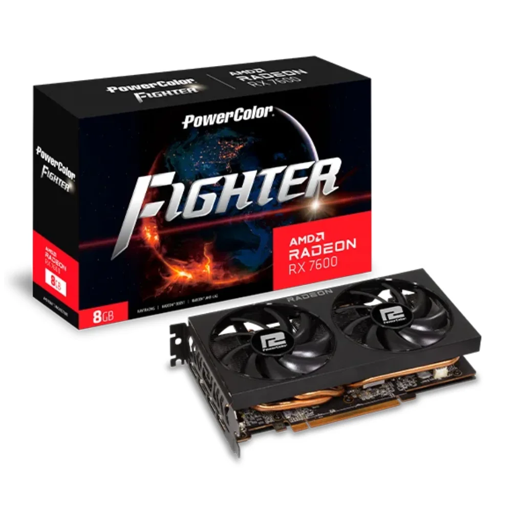 PowerColor Fighter AMD Radeon RX 7600 8GB GDDR6 – Grafická karta s dvojitým ventilátorom a krabicou s logom Fighter PowerColor Fighter AMD Radeon RX 7600 8GB GDDR6 – Grafická karta s dvojitým ventilátorom a krabicou s logom Fighter
