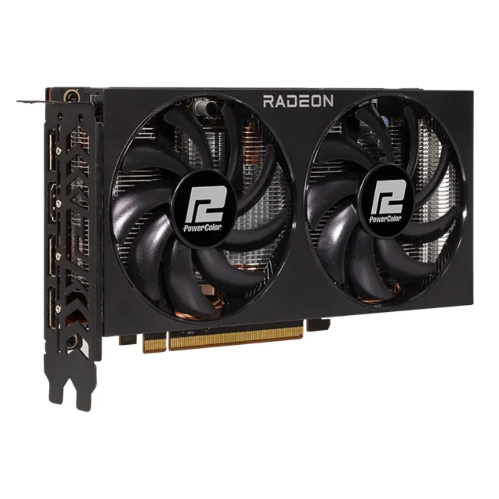 PowerColor Fighter AMD Radeon RX 7600 8GB GDDR6 – Predný pohľad na grafickú kartu s dvoma veľkými ventilátormi a logom Powercolor PowerColor Fighter AMD Radeon RX 7600 8GB GDDR6 – Predný pohľad na grafickú kartu s dvoma veľkými ventilátormi a logom Powercolor