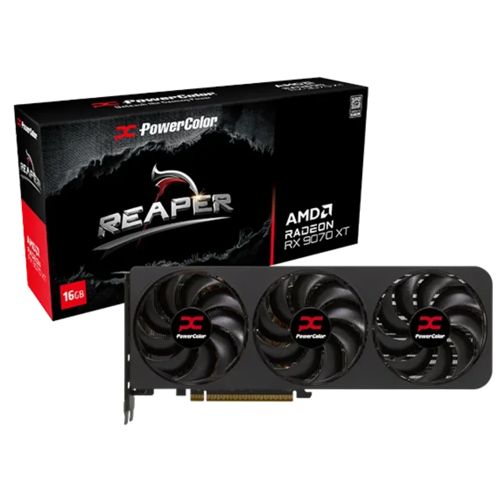 PowerColor Radeon RX 9070 XT Reaper 16GB – Balenie grafickej karty s logom Reaper a červenými prvkami PowerColor PowerColor Radeon RX 9070 XT Reaper 16GB – Balenie grafickej karty s logom Reaper a červenými prvkami PowerColor