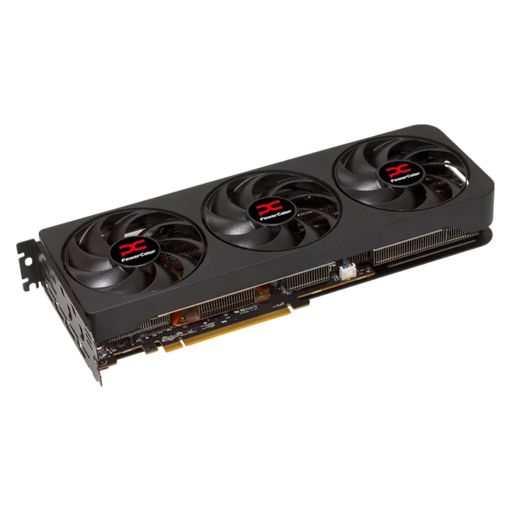PowerColor Radeon RX 9070 XT Reaper 16GB – Bočný pohľad na kartu s masívnym chladičom a decentným RGB podsvietením PowerColor Radeon RX 9070 XT Reaper 16GB – Bočný pohľad na kartu s masívnym chladičom a decentným RGB podsvietením