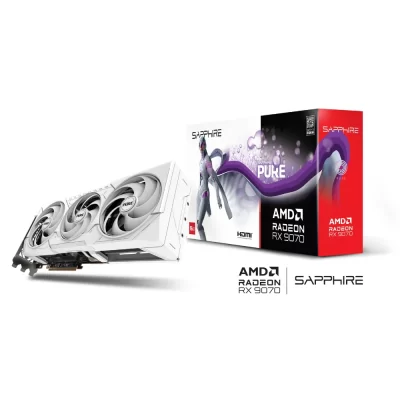 SAPPHIRE PURE AMD Radeon RX 9070 – Pohľad na kartu a jej balenie s futuristickou grafikou
