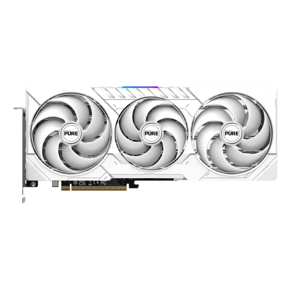SAPPHIRE PURE AMD Radeon RX 9070 – Trojventilátorový chladič v bielej farbe z pohľadu na výstupy