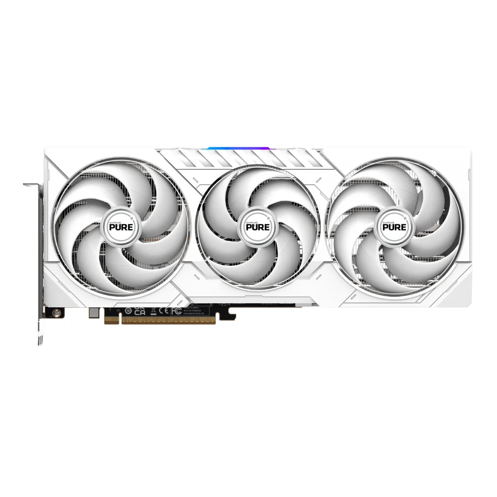 SAPPHIRE PURE AMD Radeon RX 9070 – Trojventilátorový chladič v bielej farbe z pohľadu na výstupy SAPPHIRE PURE AMD Radeon RX 9070 – Trojventilátorový chladič v bielej farbe z pohľadu na výstupy