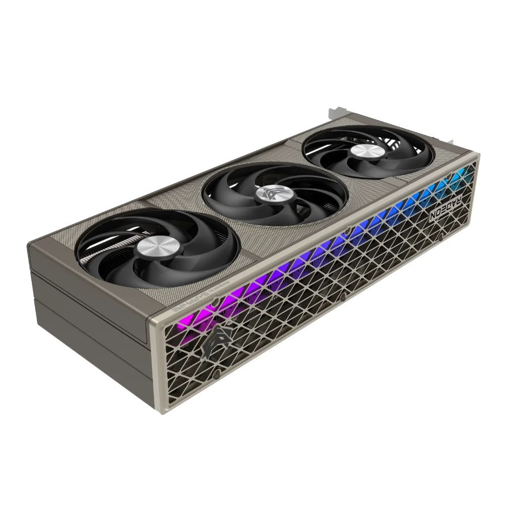SAPPHIRE NITRO+ AMD Radeon RX 9070 – RGB podsvietenie a výrez chladiča zozadu SAPPHIRE NITRO+ AMD Radeon RX 9070 – RGB podsvietenie a výrez chladiča zozadu