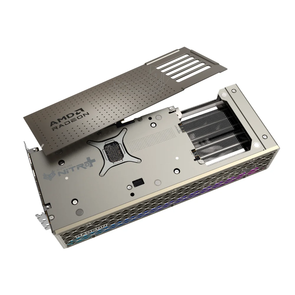 SAPPHIRE NITRO+ AMD Radeon RX 9070 – Zadná strana grafickej karty s odňatým krytom SAPPHIRE NITRO+ AMD Radeon RX 9070 – Zadná strana grafickej karty s odňatým krytom
