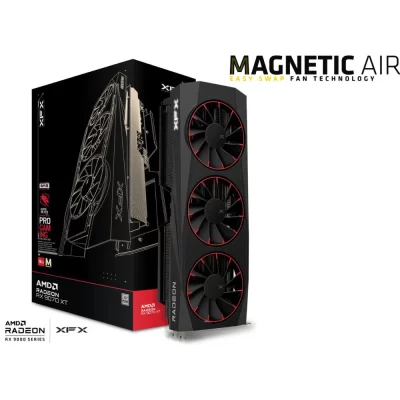 XFX Quicksilver AMD Radeon RX 9070 XT Magnetic Air Edition – Grafická karta s čiernym dizajnom, trojicou ventilátorov a krabicou s logom Magnetic Air
