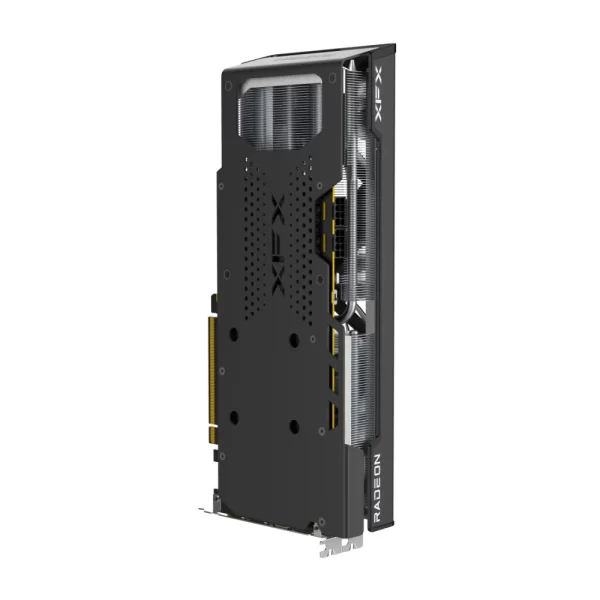 XFX SPEEDSTER QICK 309 AMD Radeon RX 7600 XT 16GB – Vertikálny pohľad na zadnú výstuž grafickej karty s výrezmi a konektormi