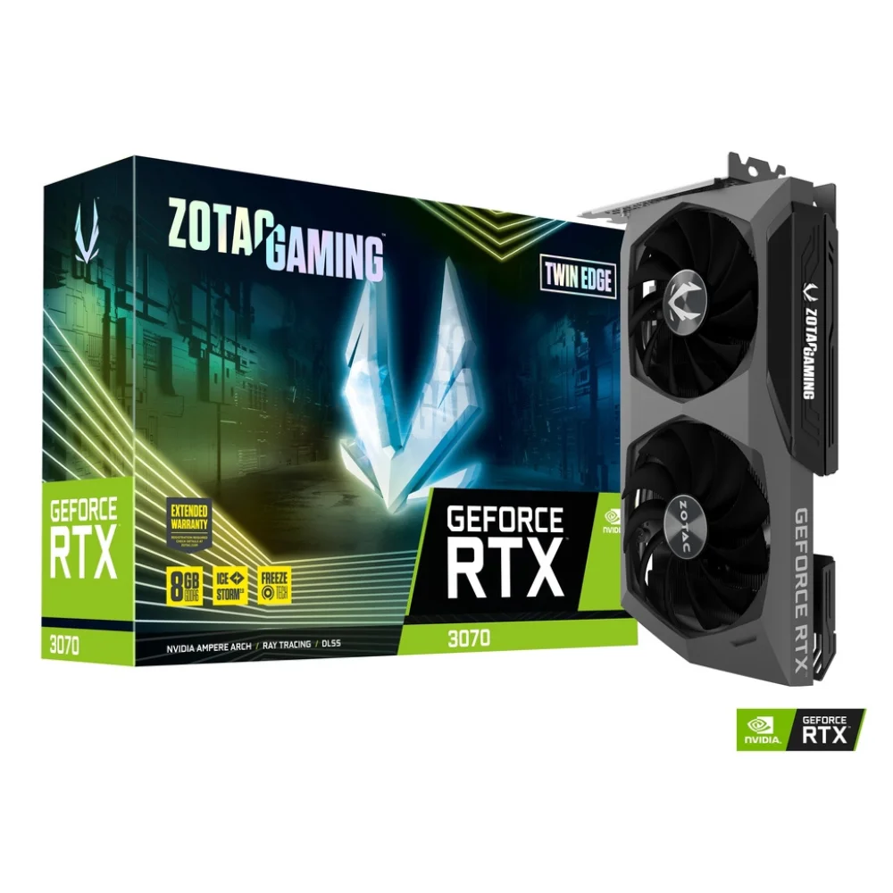 ZOTAC GAMING GeForce RTX 3070 Twin Edge OC – Grafická karta s dvoma ventilátormi a RGB podsvietením, zobrazená spolu s balením ZOTAC GAMING GeForce RTX 3070 Twin Edge OC – Grafická karta s dvoma ventilátormi a RGB podsvietením, zobrazená spolu s balením
