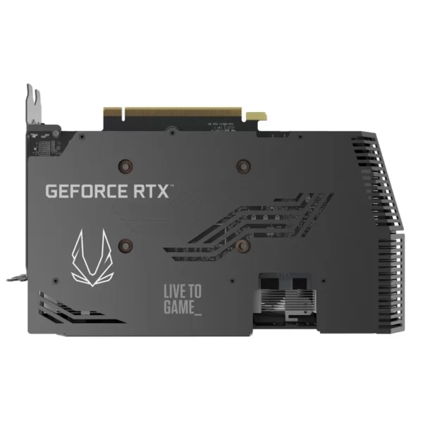 ZOTAC GAMING GeForce RTX 3070 Twin Edge OC – Pohľad na zadnú kovovú výstuhu (backplate) karty s logom ZOTAC