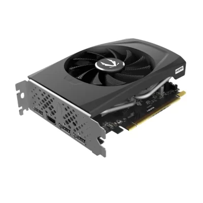 ZOTAC GAMING GeForce RTX 4060 8GB SOLO – Šikmý pohľad s viditeľným chladením a konektormi