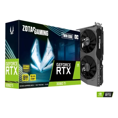 ZOTAC GAMING GeForce RTX 3060 Ti Twin Edge OC LHR 8GB – Grafická karta s dvoma ventilátormi a zeleno-čiernym boxom ZOTAC Gaming