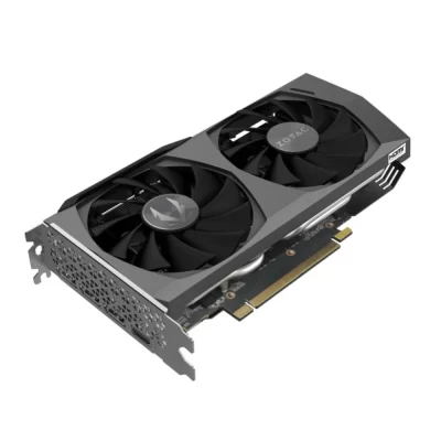 ZOTAC GAMING GeForce RTX 3060 Ti Twin Edge OC LHR 8GB– Perspektívny pohľad na kompaktné čierne telo s dvojitým ventilátorom