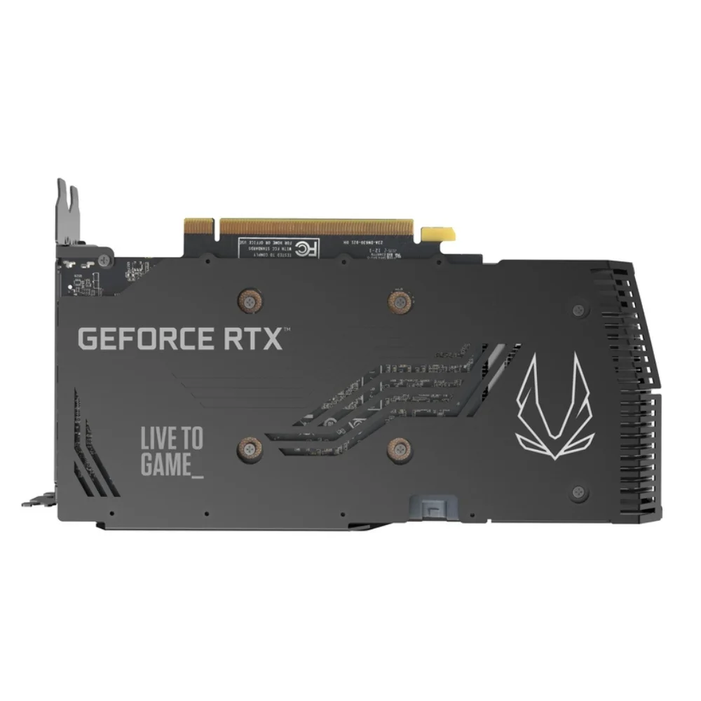ZOTAC GAMING GeForce RTX 3060 Ti Twin Edge OC LHR 8GB – Pohľad na zadnú stranu PCB s logom ZOTAC ZOTAC GAMING GeForce RTX 3060 Ti Twin Edge OC LHR 8GB – Pohľad na zadnú stranu PCB s logom ZOTAC