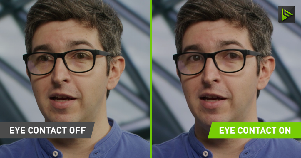 Obrázok znázorňuje vplyv nástroja NVIDIA Broadcast - Eye Contact