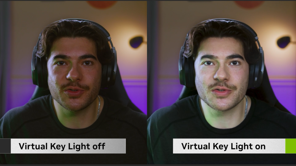 Obrázok znázorňuje vplyv nástroja NVIDIA Broadcast - Virtual key light