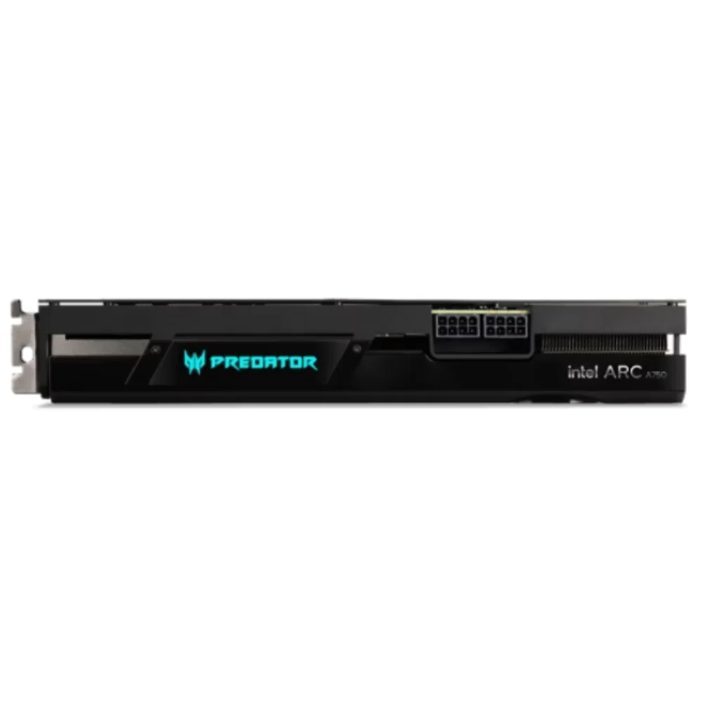 Acer Predator BiFrost Intel Arc A750 OC 8GB – Pohľad zhora na modré podsvietenie loga a napájacie konektory Acer Predator BiFrost Intel Arc A750 OC 8GB – Pohľad zhora na modré podsvietenie loga a napájacie konektory