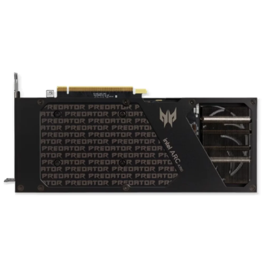 Acer Predator BiFrost Intel Arc A750 OC 8GB – Detailný pohľad na zadnú stranu s brandingom a chladiacim rebrovaním Acer Predator BiFrost Intel Arc A750 OC 8GB – Detailný pohľad na zadnú stranu s brandingom a chladiacim rebrovaním