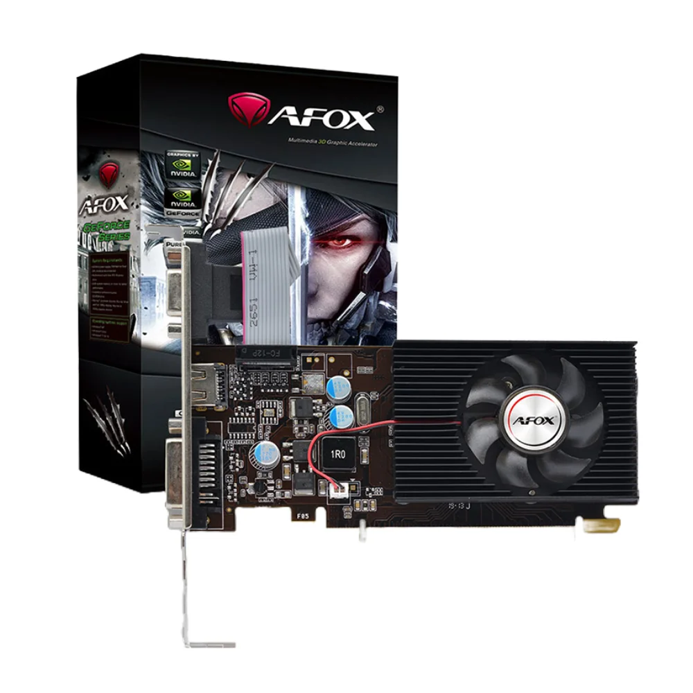 AFOX GeForce 210 1 GB GDDR2 – Pohľad na grafickú kartu s pasívnym chladičom pred originálnym balením AFOX GeForce 210 1 GB GDDR2 – Pohľad na grafickú kartu s pasívnym chladičom pred originálnym balením