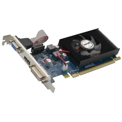 AFOX Radeon 6450 1GB – Pohľad na grafickú kartu s pasívnym chladičom, ventilátorom a výstupmi VGA, DVI a HDMI
