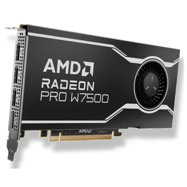 AMD Radeon PRO W7500 8GB – Bočný pohľad na grafickú kartu s logom a radiálnym ventilátorom