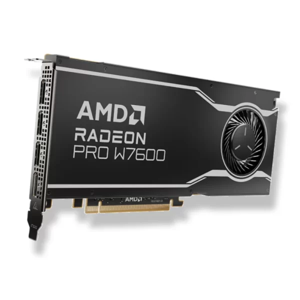 AMD Radeon PRO W7600 8GB – Grafická karta z bočného pohľadu s výstupmi DisplayPort a ventilátorom