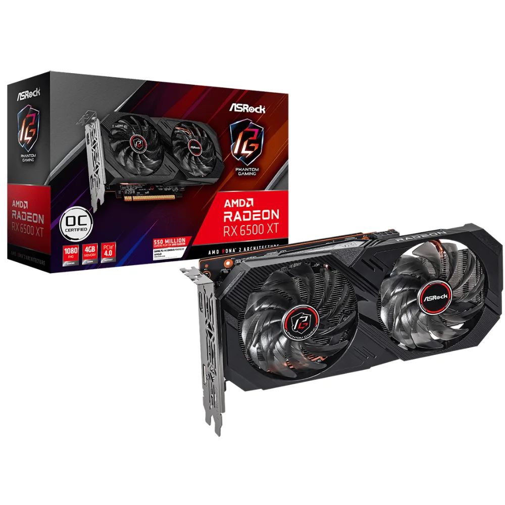 ASRock AMD Radeon RX 6500 XT Phantom Gaming D 4GB OC – Balenie grafickej karty s krabicou a kartou s dvoma ventilátormi ASRock AMD Radeon RX 6500 XT Phantom Gaming D 4GB OC – Balenie grafickej karty s krabicou a kartou s dvoma ventilátormi