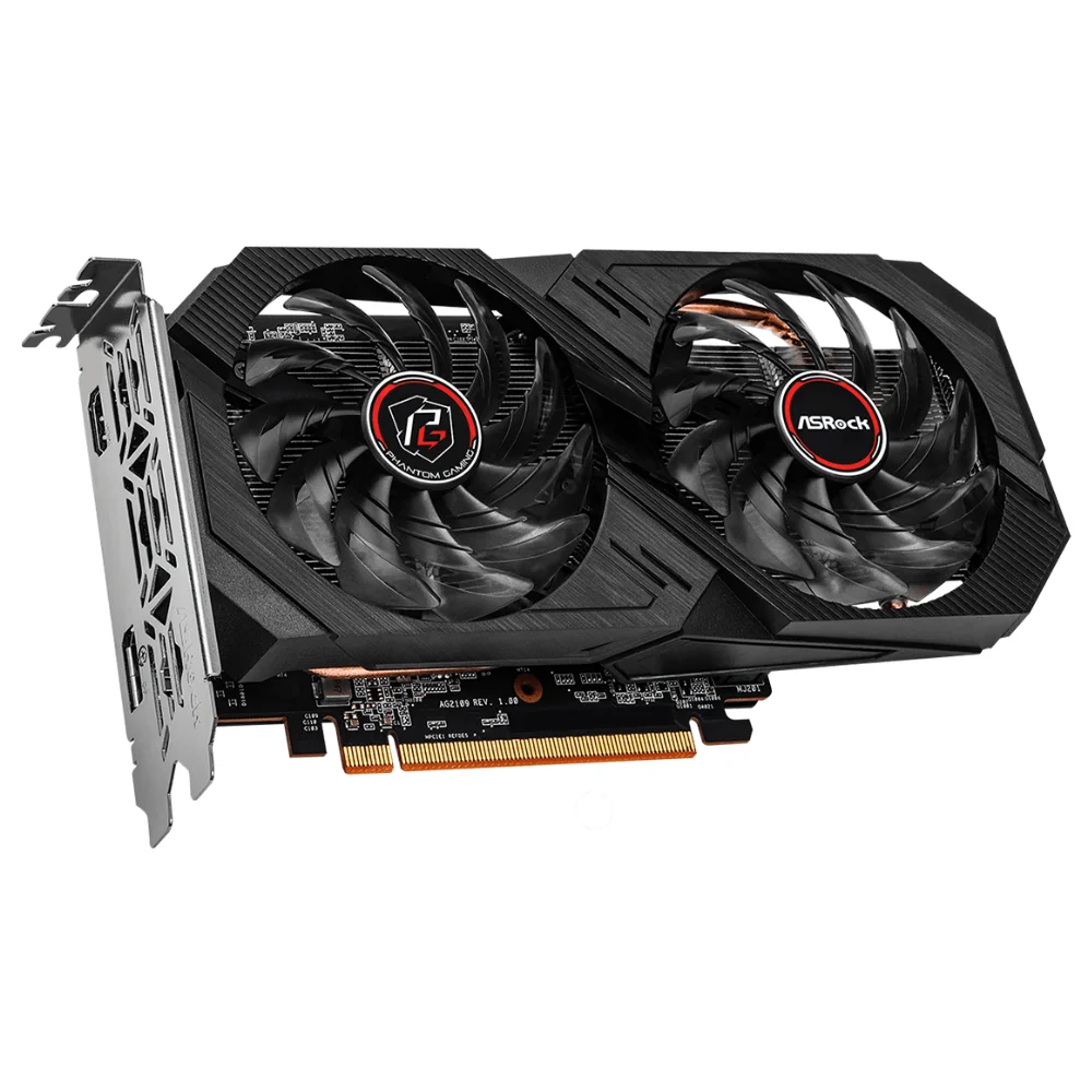 ASRock AMD Radeon RX 6500 XT Phantom Gaming D 4GB OC – Pohľad spredu na grafickú kartu s dvoma ventilátormi a kovovým rámom ASRock AMD Radeon RX 6500 XT Phantom Gaming D 4GB OC – Pohľad spredu na grafickú kartu s dvoma ventilátormi a kovovým rámom
