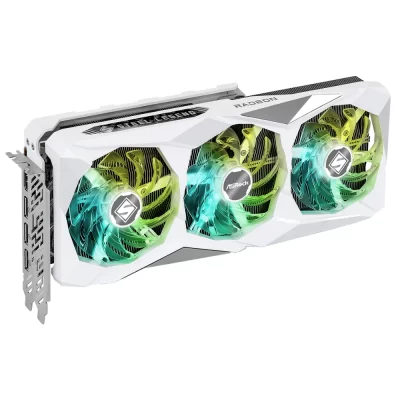 ASRock AMD Radeon RX 7700 XT Steel Legend 12GB OC – Predná strana bielej karty s troma RGB ventilátormi