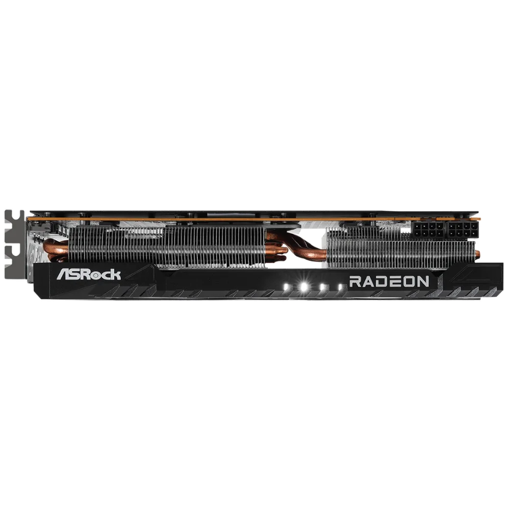 ASRock AMD Radeon RX 7700 XT Challenger 12GB OC – Pohľad zboku na chladič s trubicami a nápisom RADEON ASRock AMD Radeon RX 7700 XT Challenger 12GB OC – Pohľad zboku na chladič s trubicami a nápisom RADEON