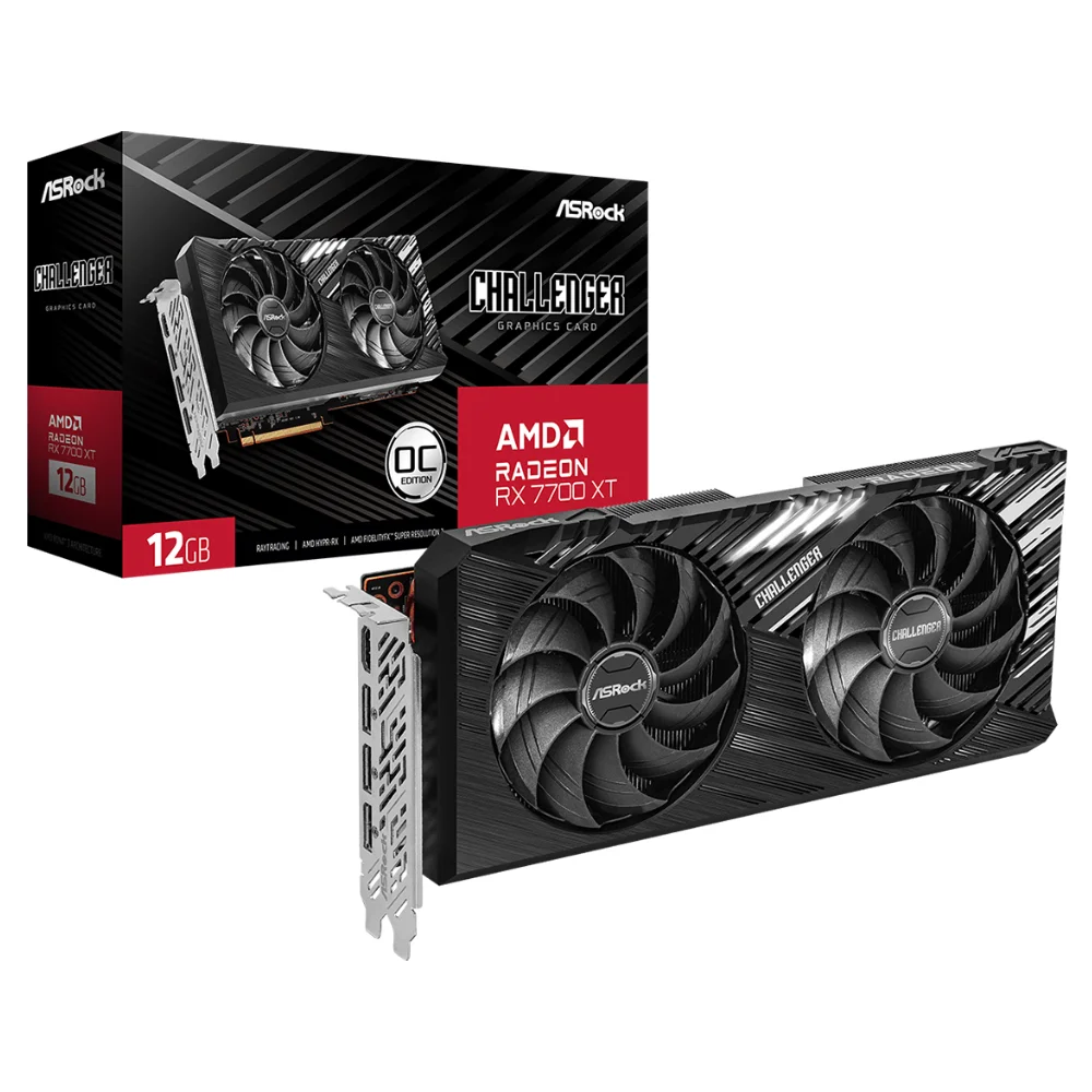 ASRock AMD Radeon RX 7700 XT Challenger 12GB OC – Balenie a karta s dvoma ventilátormi ASRock AMD Radeon RX 7700 XT Challenger 12GB OC – Balenie a karta s dvoma ventilátormi