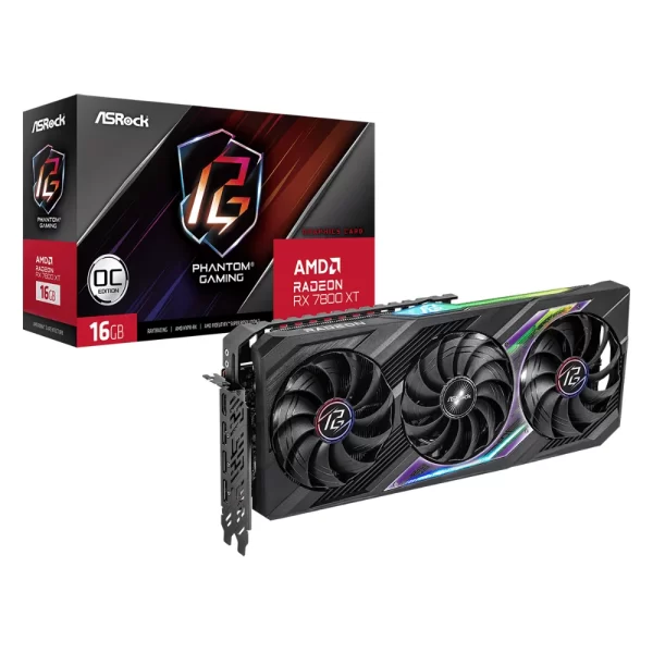 ASRock AMD Radeon RX 7800 XT Phantom Gaming 16GB OC – Grafická karta z predného pohľadu s LED svetlami a krabicou od karty