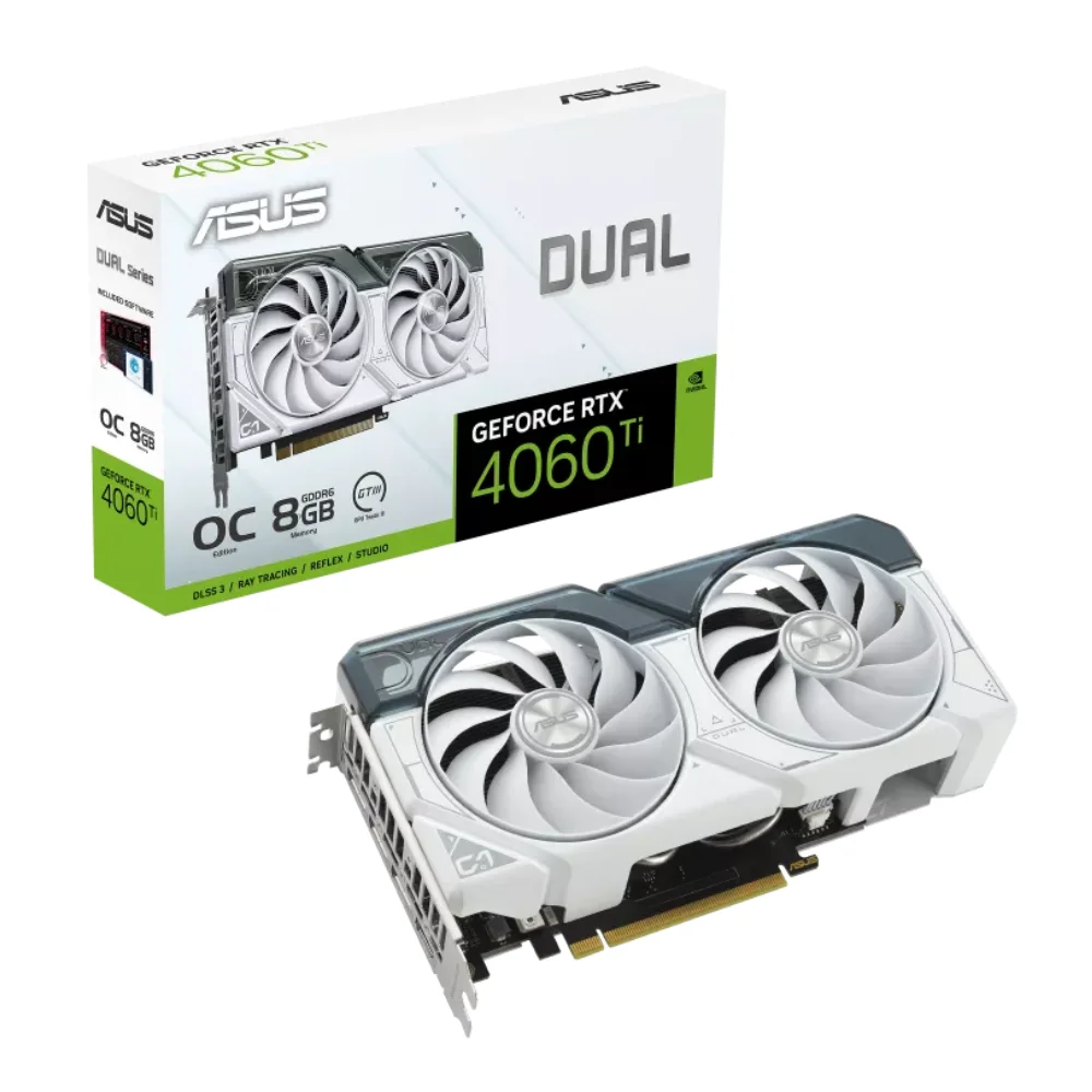 ASUS Dual GeForce RTX 4060 Ti White OC Edition 8GB – Grafická karta s dvoma bielymi ventilátormi a balením ASUS Dual GeForce RTX 4060 Ti White OC Edition 8GB – Grafická karta s dvoma bielymi ventilátormi a balením