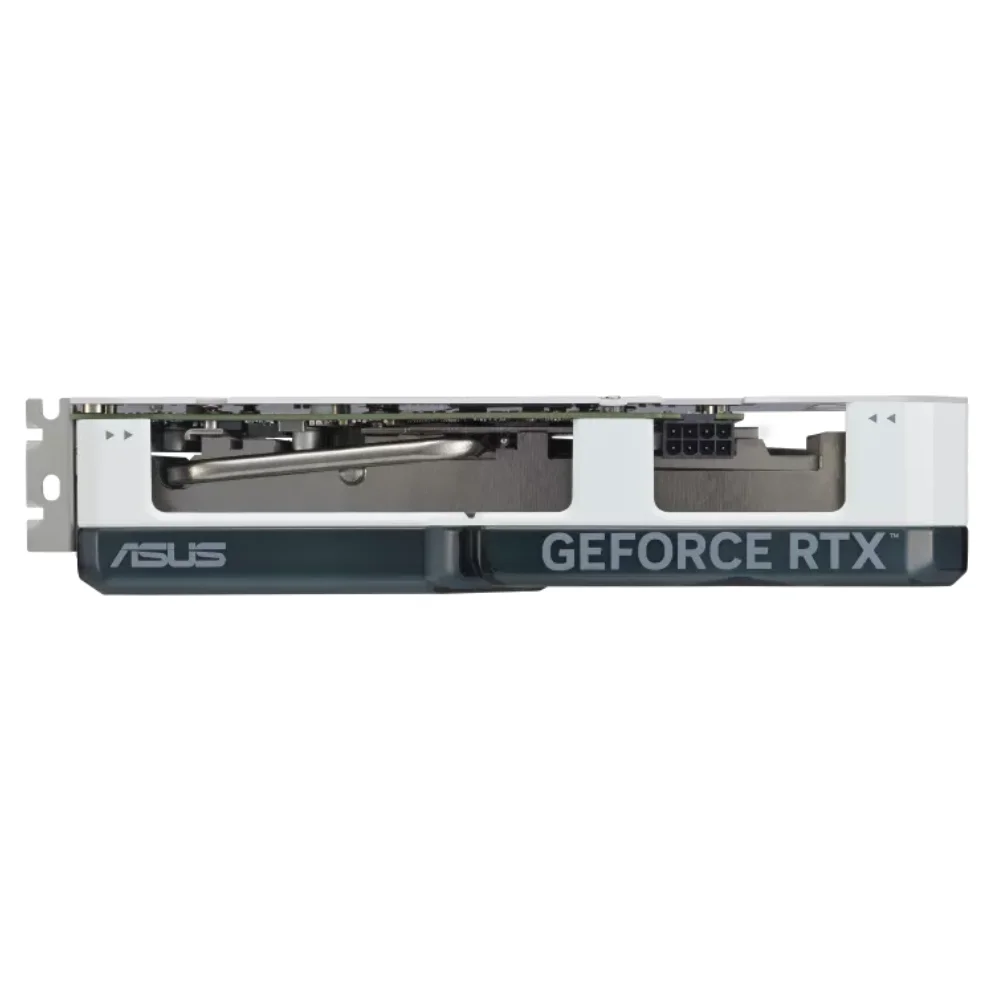 ASUS Dual GeForce RTX 4060 Ti White OC Edition 8GB – Bočný pohľad na logo GeForce RTX a ASUS, viditeľné aj tepelné trubice ASUS Dual GeForce RTX 4060 Ti White OC Edition 8GB – Bočný pohľad na logo GeForce RTX a ASUS, viditeľné aj tepelné trubice