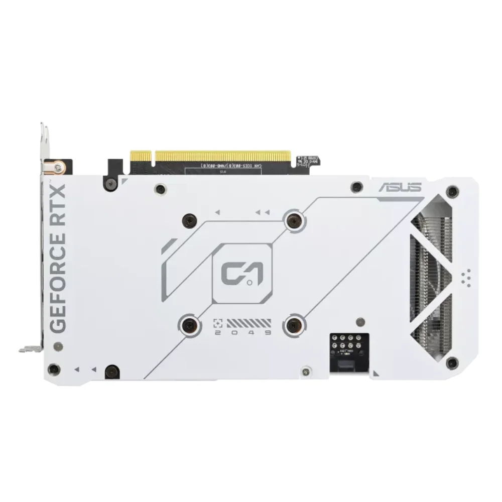 ASUS Dual GeForce RTX 4060 Ti White OC Edition 8GB – Zadná strana karty s bielym kovovým backplate a logom ASUS ASUS Dual GeForce RTX 4060 Ti White OC Edition 8GB – Zadná strana karty s bielym kovovým backplate a logom ASUS