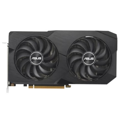 Asus Dual Radeon RX 6600 V2 8GB – Predný pohľad na kartu s dvoma ventilátormi a logom ASUS