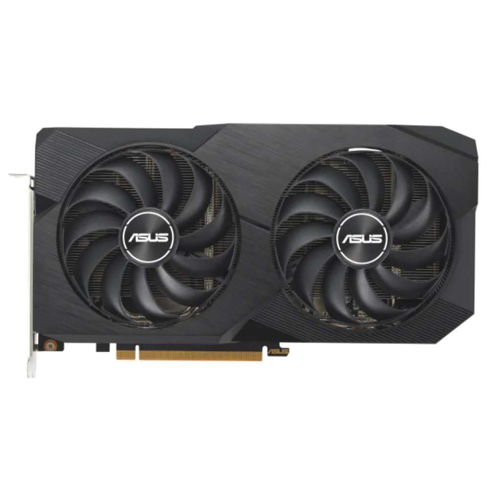 Asus Dual Radeon RX 6600 V2 8GB – Predný pohľad na kartu s dvoma ventilátormi a logom ASUS Asus Dual Radeon RX 6600 V2 8GB – Predný pohľad na kartu s dvoma ventilátormi a logom ASUS