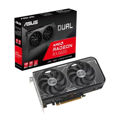 ASUS Dual Radeon RX 6600 V3 8GB GDDR6 – Balenie a grafická karta s dvoma ventilátormi v čiernom prevedení