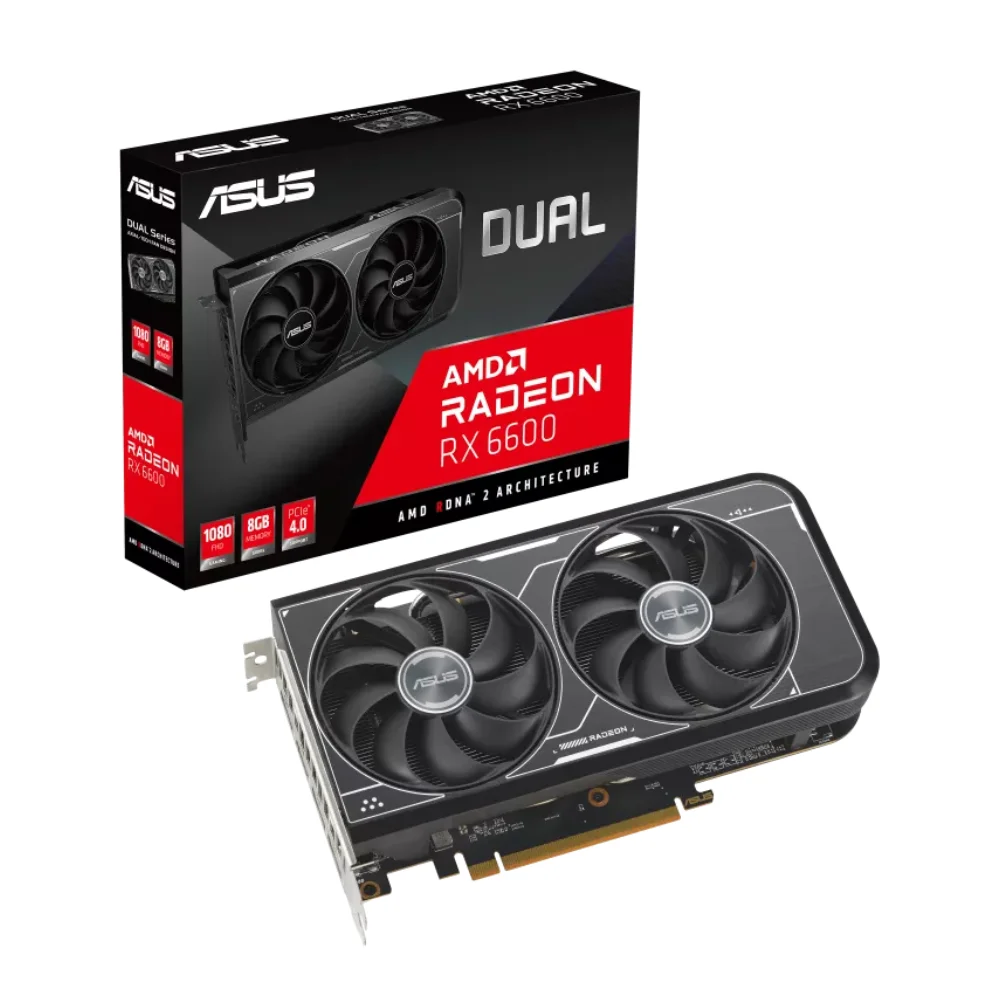 ASUS Dual Radeon RX 6600 V3 8GB GDDR6 – Balenie a grafická karta s dvoma ventilátormi v čiernom prevedení ASUS Dual Radeon RX 6600 V3 8GB GDDR6 – Balenie a grafická karta s dvoma ventilátormi v čiernom prevedení