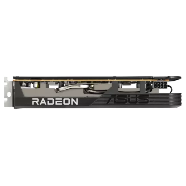 ASUS Dual Radeon RX 6600 V3 8GB GDDR6 – Bočný pohľad na chladič, heatpipe a napájací konektor