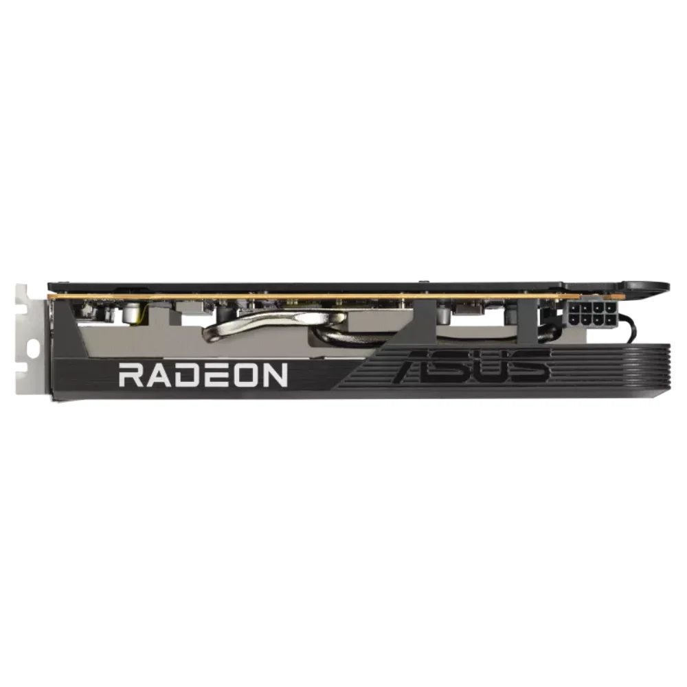 ASUS Dual Radeon RX 6600 V3 8GB GDDR6 – Bočný pohľad na chladič, heatpipe a napájací konektor ASUS Dual Radeon RX 6600 V3 8GB GDDR6 – Bočný pohľad na chladič, heatpipe a napájací konektor