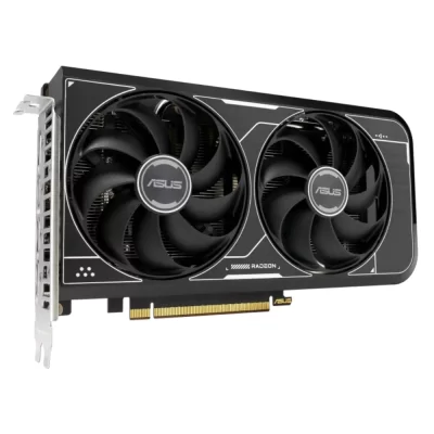 ASUS Dual Radeon RX 6600 V3 8GB GDDR6 – Predný pohľad na kartu s dvoma ventilátormi a PCIe konektorom