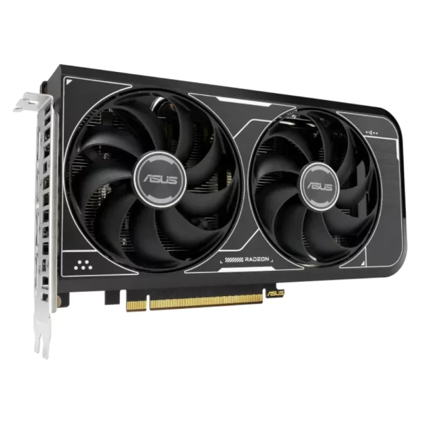 ASUS Dual Radeon RX 6600 V3 8GB GDDR6 – Predný pohľad na kartu s dvoma ventilátormi a PCIe konektorom