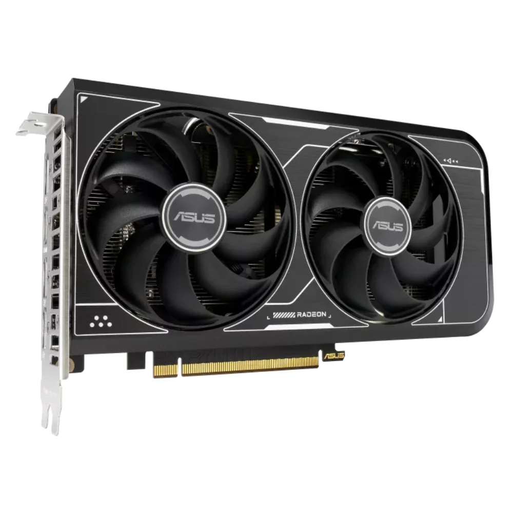 ASUS Dual Radeon RX 6600 V3 8GB GDDR6 – Predný pohľad na kartu s dvoma ventilátormi a PCIe konektorom ASUS Dual Radeon RX 6600 V3 8GB GDDR6 – Predný pohľad na kartu s dvoma ventilátormi a PCIe konektorom