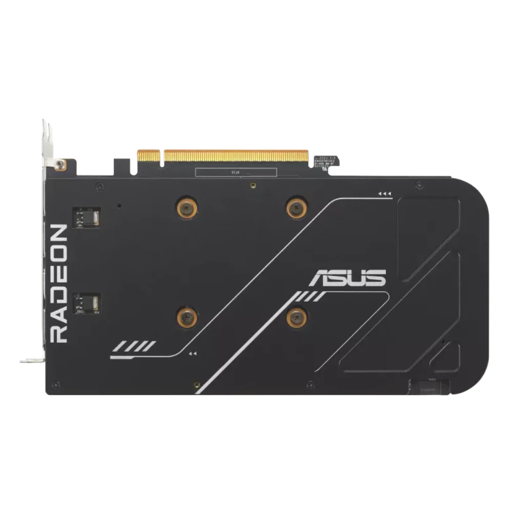 ASUS Dual Radeon RX 6600 V3 8GB GDDR6 – Zadná strana grafickej karty s čiernym backplate a logom ASUS ASUS Dual Radeon RX 6600 V3 8GB GDDR6 – Zadná strana grafickej karty s čiernym backplate a logom ASUS