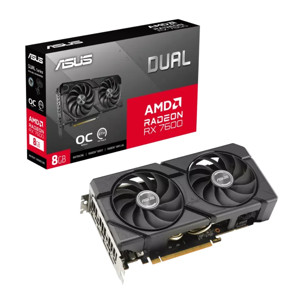 ASUS Dual Radeon RX 7600 EVO OC Edition 8GB GDDR6 – Balenie grafickej karty s krabicou a dvojventilátorovým dizajnom ASUS Dual Radeon RX 7600 EVO OC Edition 8GB GDDR6 – Balenie grafickej karty s krabicou a dvojventilátorovým dizajnom