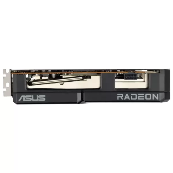 ASUS Dual Radeon RX 7600 EVO OC Edition 8GB GDDR6 – Bočný pohľad na kartu so zobrazeným napájaním a chladiacimi trubicami